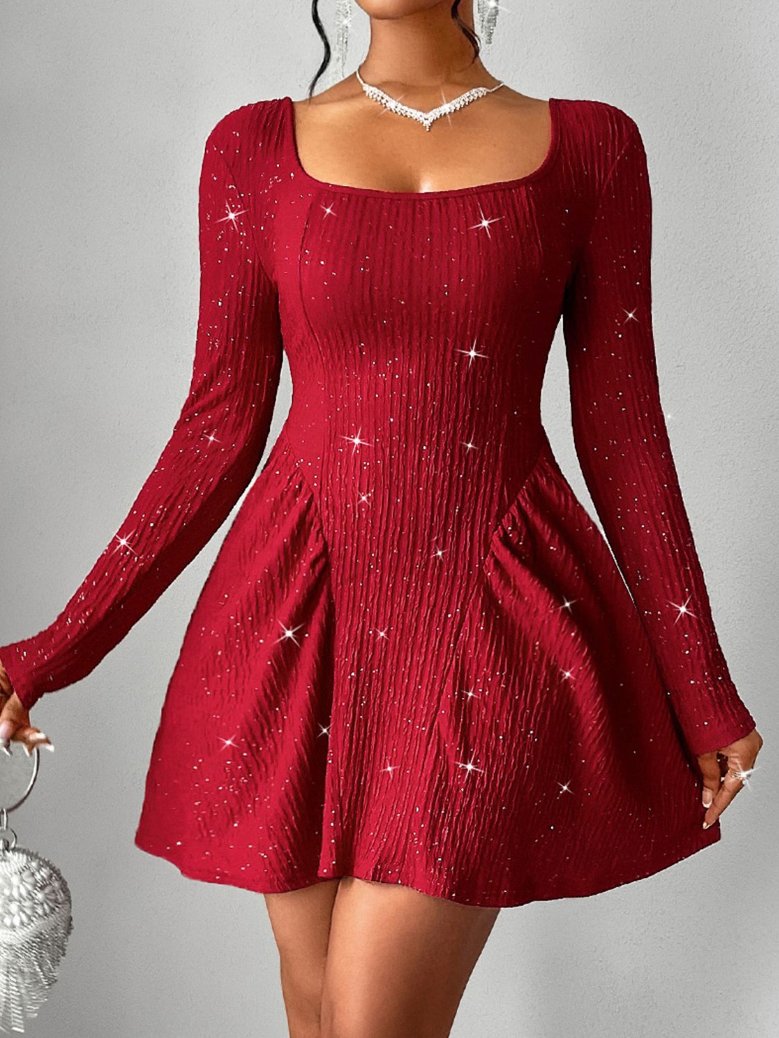 Backless Glitter Square Neck Long Sleeve Mini Dress - Bitsy Gypsy Boutique