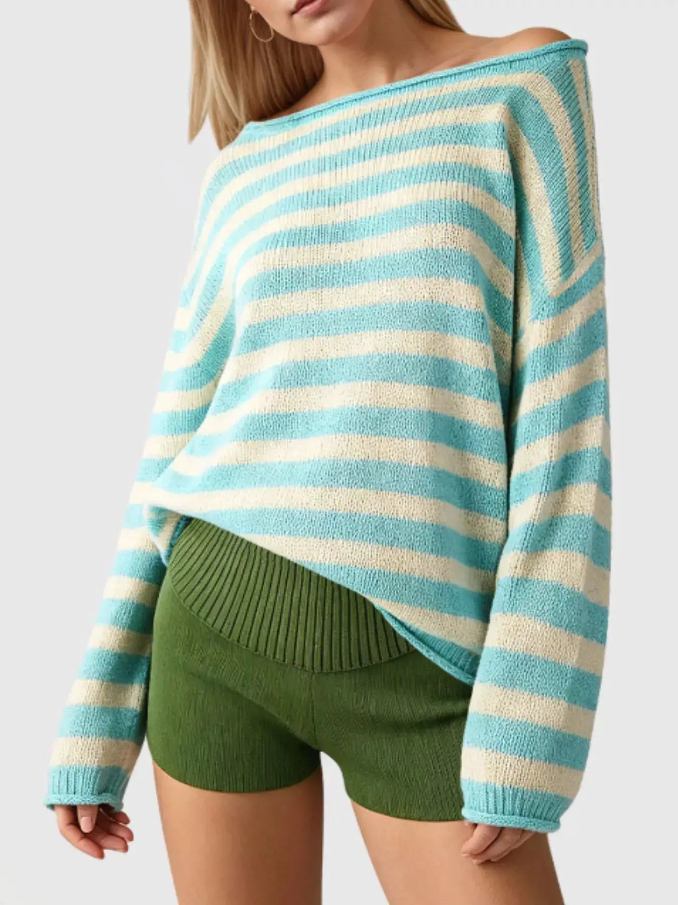 Casual Striped Boat Neck Sweater by Trendsi
