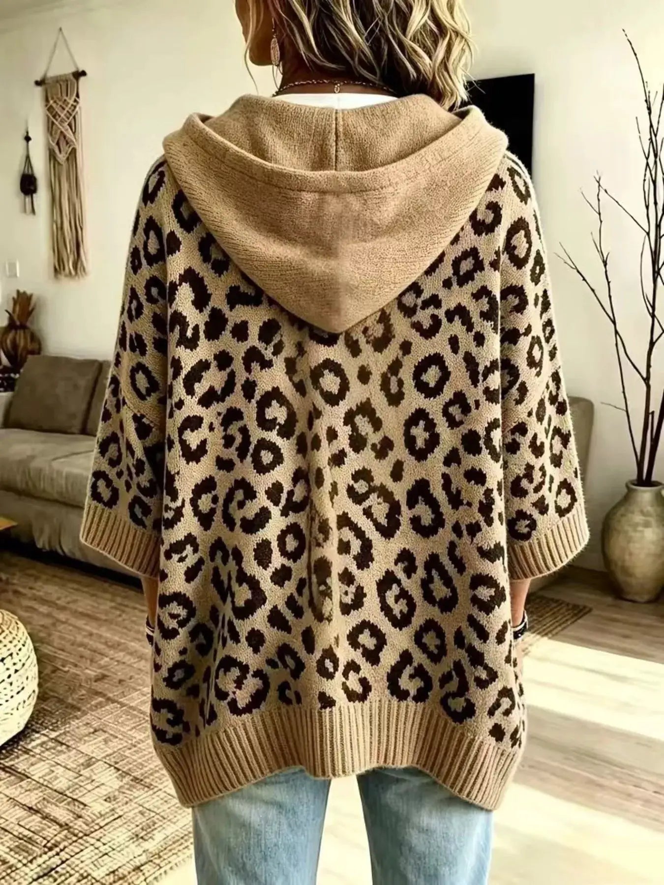 Drawstring Leopard Hooded Sweater by Trendsi