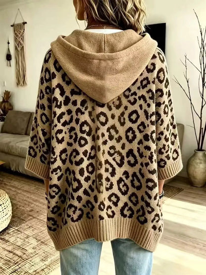 Drawstring Leopard Hooded Sweater by Trendsi