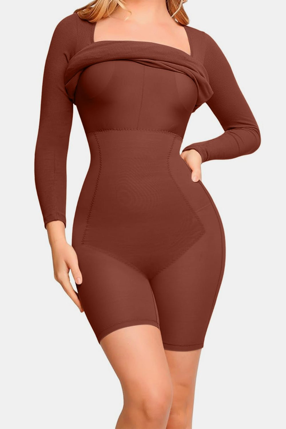 Basic Bae Full Size Built - In Shapewear Square Neck Long Sleeve Dress - Bitsy Gypsy Boutique