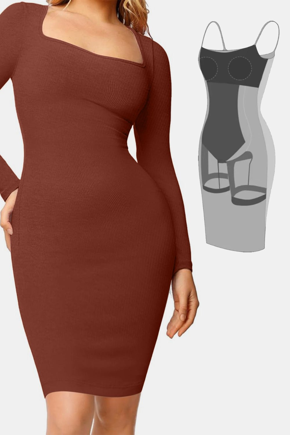 Basic Bae Full Size Built - In Shapewear Square Neck Long Sleeve Dress - Bitsy Gypsy Boutique