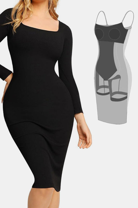 Basic Bae Full Size Built - In Shapewear Square Neck Long Sleeve Dress - Bitsy Gypsy Boutique