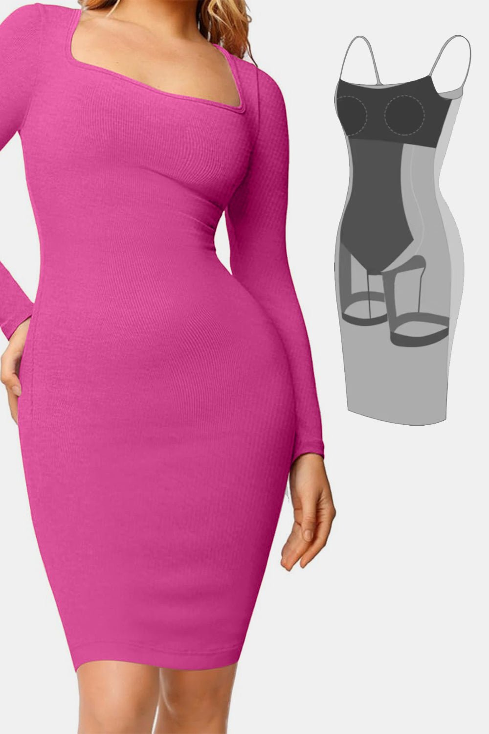 Basic Bae Full Size Built - In Shapewear Square Neck Long Sleeve Dress - Bitsy Gypsy Boutique