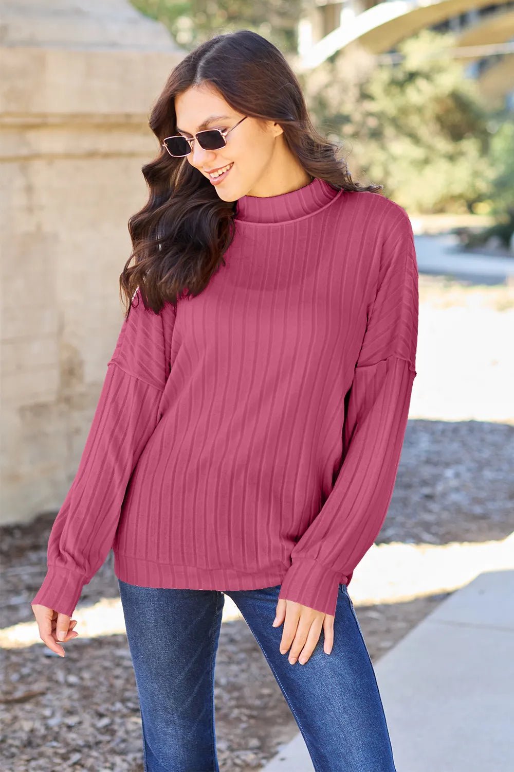 Basic Bae Full Size Ribbed Exposed Seam Mock Neck Knit Top - Bitsy Gypsy Boutique