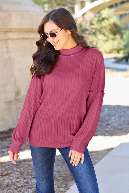 Basic Bae Full Size Ribbed Exposed Seam Mock Neck Knit Top - Bitsy Gypsy Boutique
