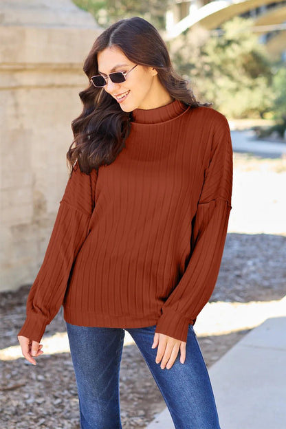 Basic Bae Full Size Ribbed Exposed Seam Mock Neck Knit Top - Bitsy Gypsy Boutique