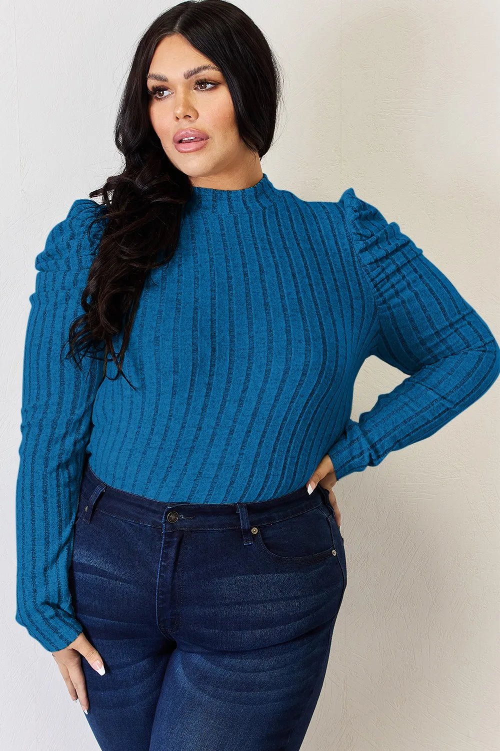 Basic Bae Full Size Ribbed Mock Neck Puff Sleeve T-Shirt - Bitsy Gypsy Boutique