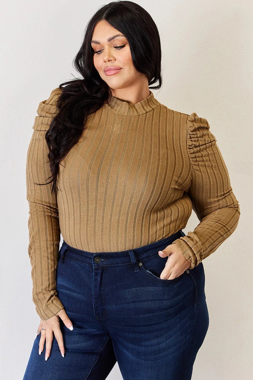 Basic Bae Full Size Ribbed Mock Neck Puff Sleeve T-Shirt - Bitsy Gypsy Boutique