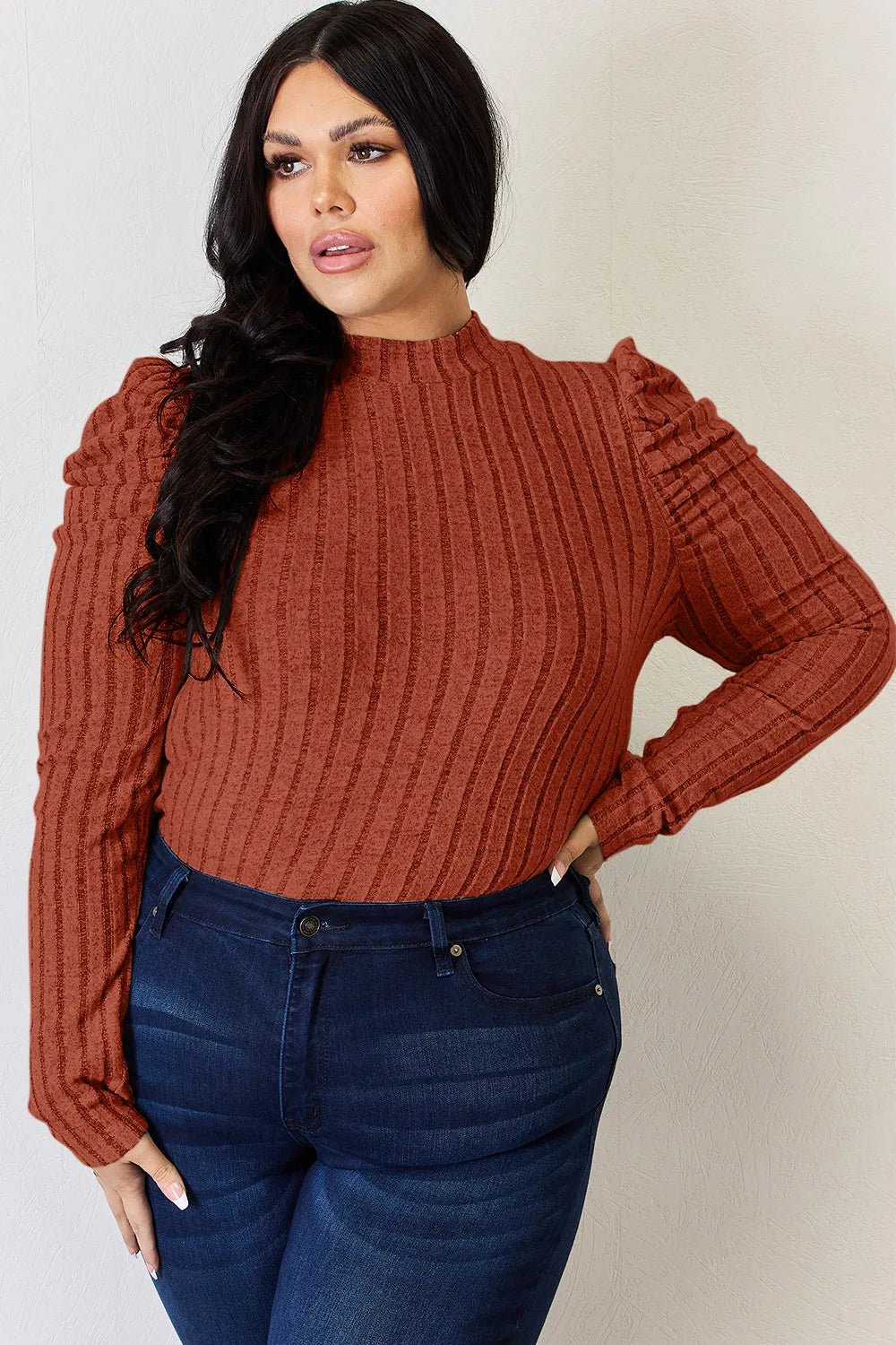 Basic Bae Full Size Ribbed Mock Neck Puff Sleeve T-Shirt - Bitsy Gypsy Boutique