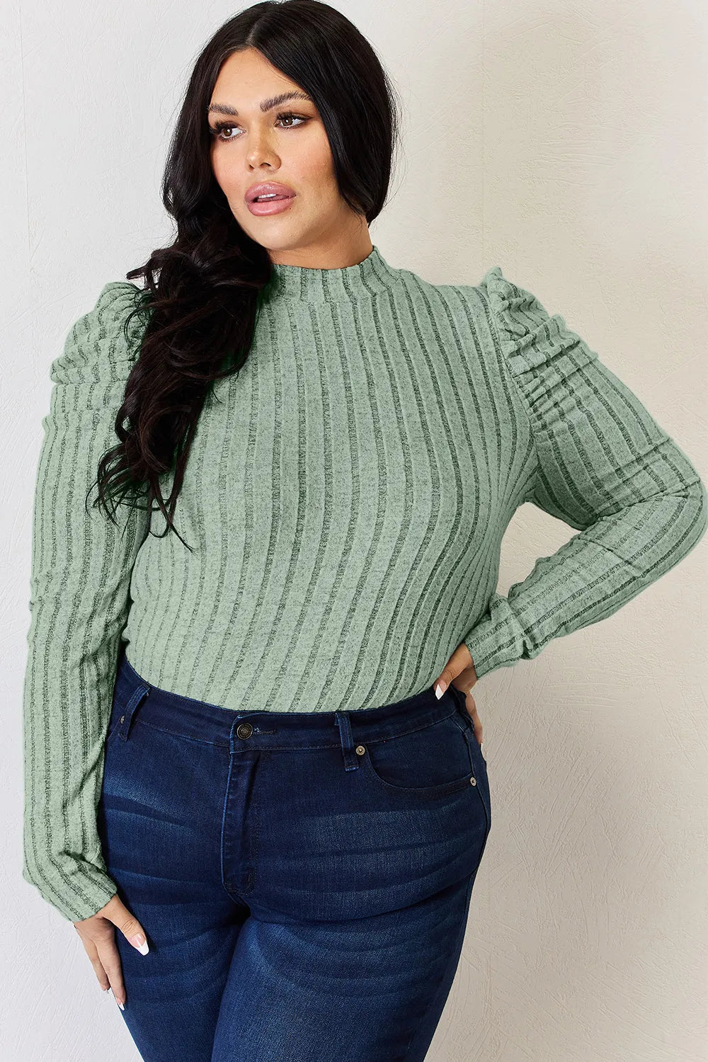 Basic Bae Full Size Ribbed Mock Neck Puff Sleeve T-Shirt - Bitsy Gypsy Boutique