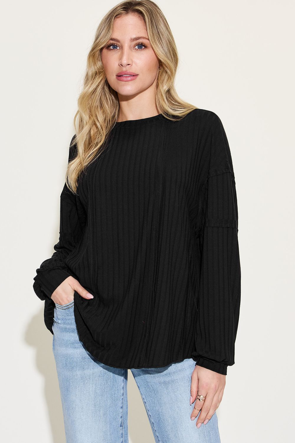 Basic Bae Full Size Ribbed Round Neck Long Sleeve T-Shirt - Bitsy Gypsy Boutique