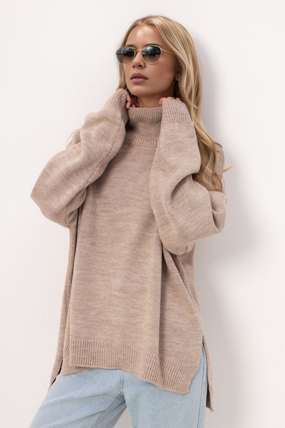 Basic Bae Side Slit Turtleneck Long Sleeve Sweater - Bitsy Gypsy Boutique