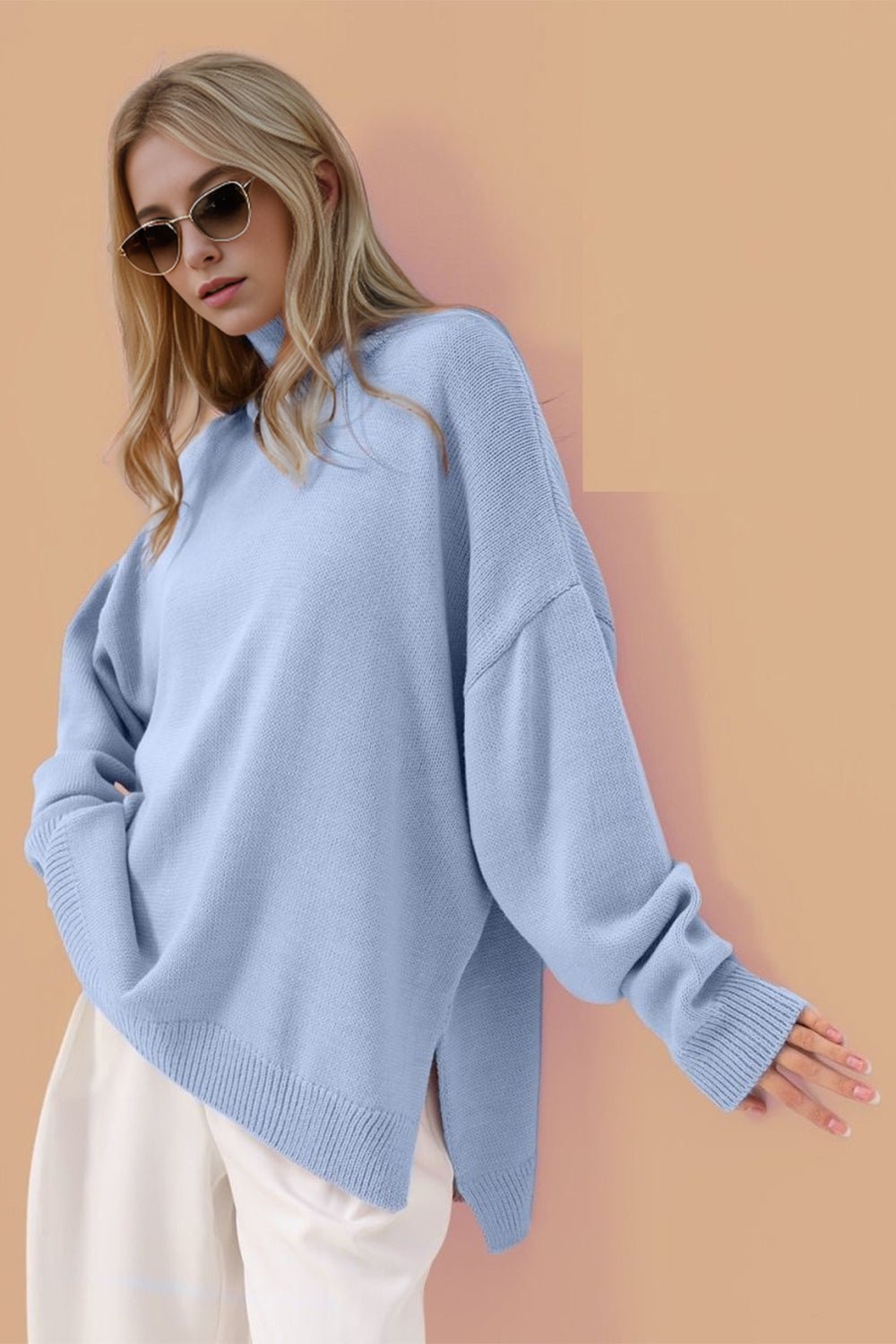 Basic Bae Side Slit Turtleneck Long Sleeve Sweater - Bitsy Gypsy Boutique