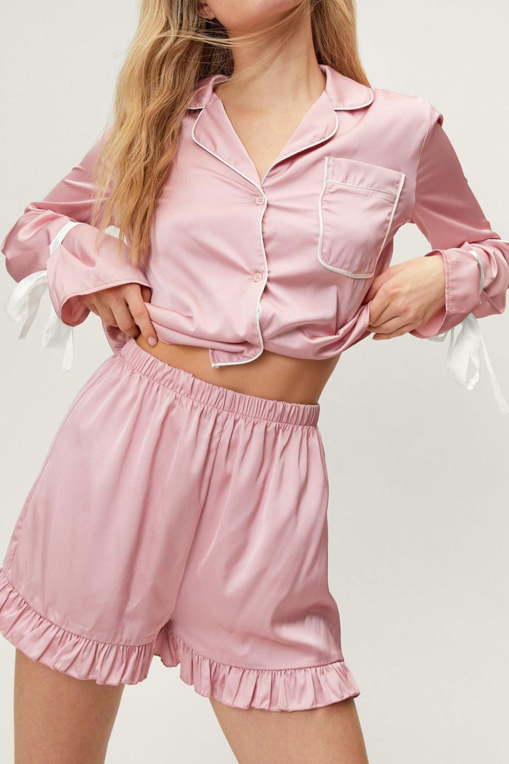 Basic Bae Tied Cuff Collared Neck Top and Frill Shorts Lounge Set - Bitsy Gypsy Boutique