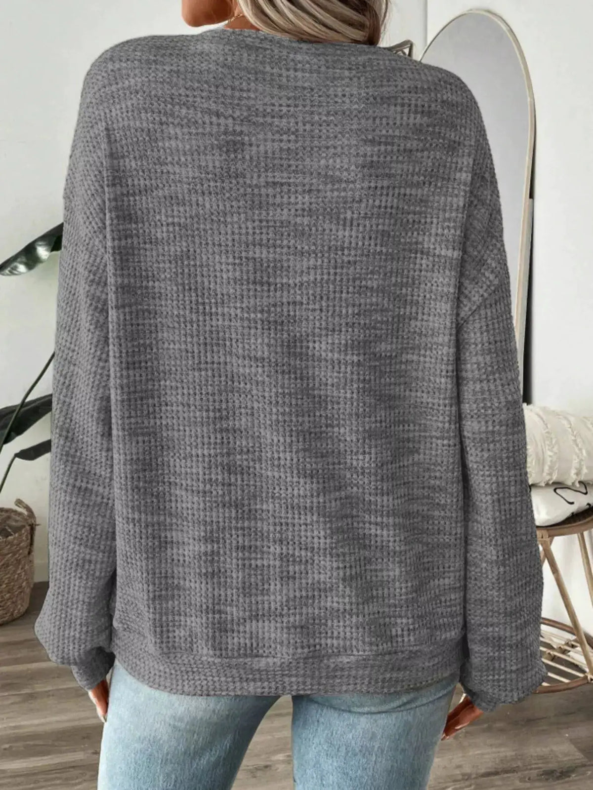 Space-Dyed Long Sleeve Waffle-Knit Top by Trendsi