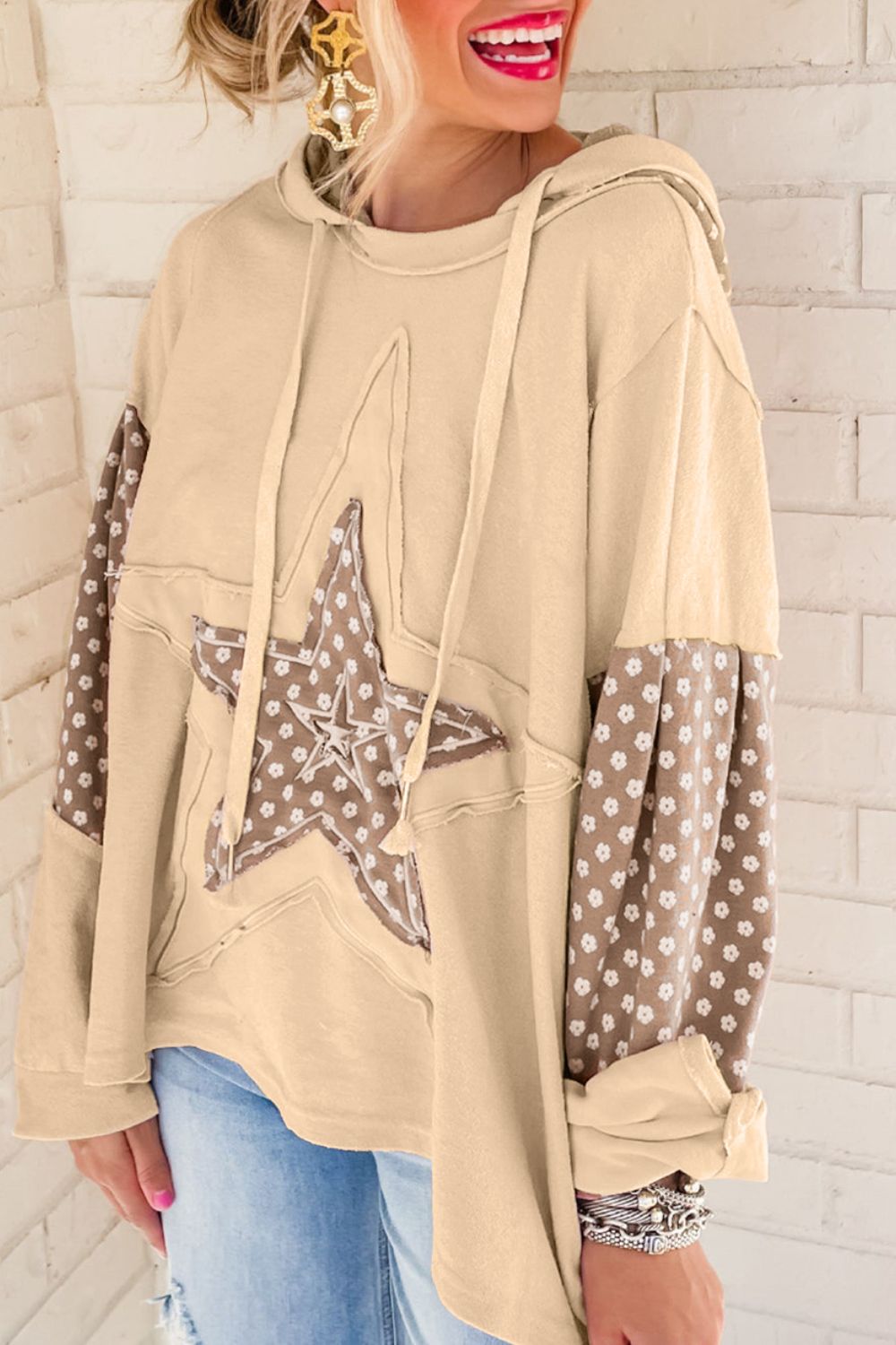 Floral Patchwork Star Pattern Drawstring Hoodie