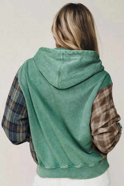 Plaid Kangaroo Pocket Hoodie by Trendsi
