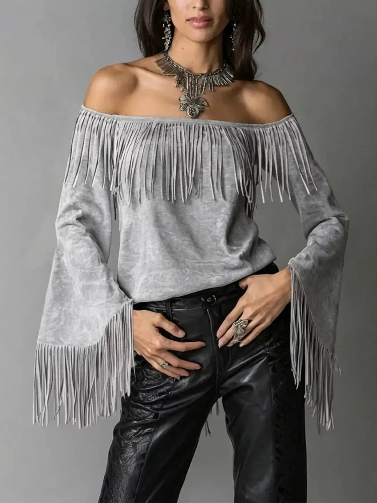 Full Size Fringed Off-Shoulder T-Shirt Plus Size by Trendsi