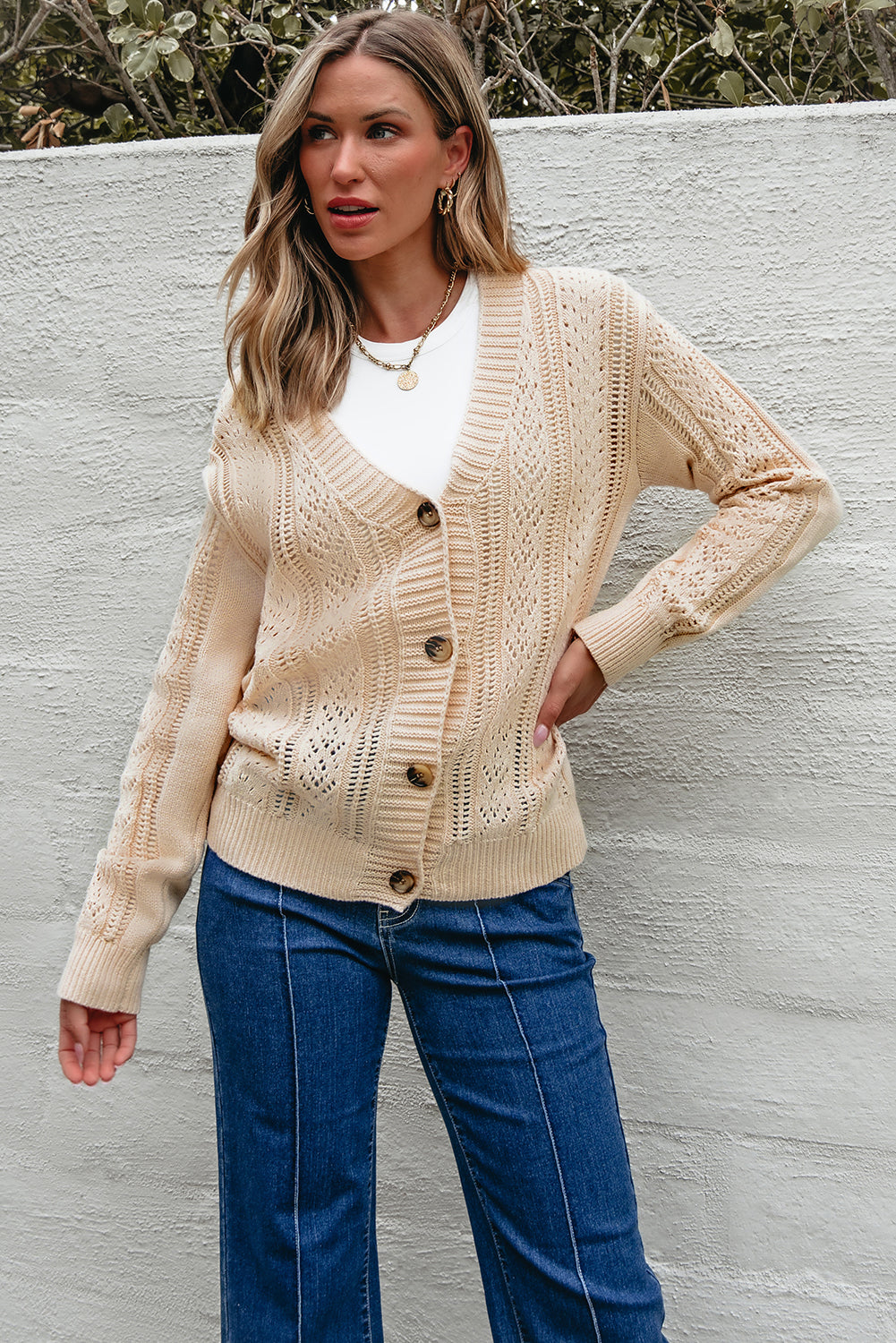 Dark Khaki Open Knit Drop Shoulder Sweater Cardigan