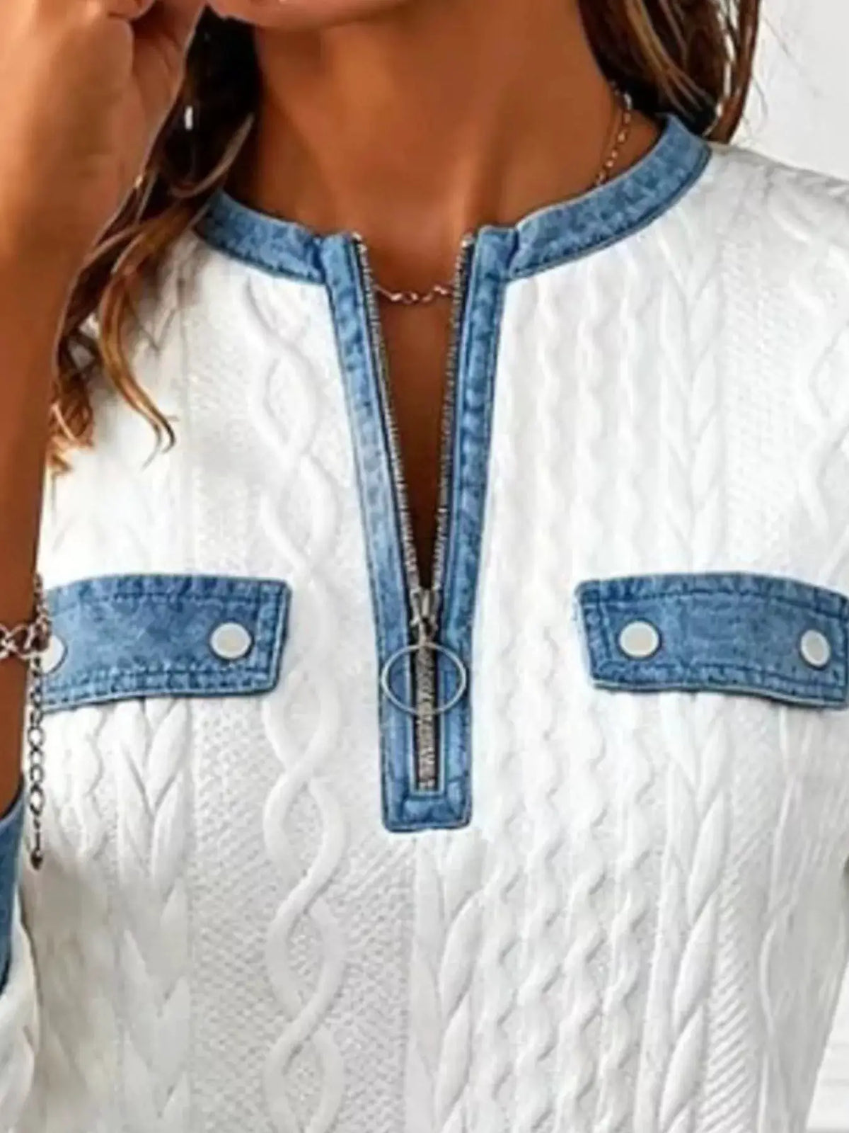 Full Size Denim Contrast Trim Quarter Zip Texture Sweatshirt Plus Size by Trendsi