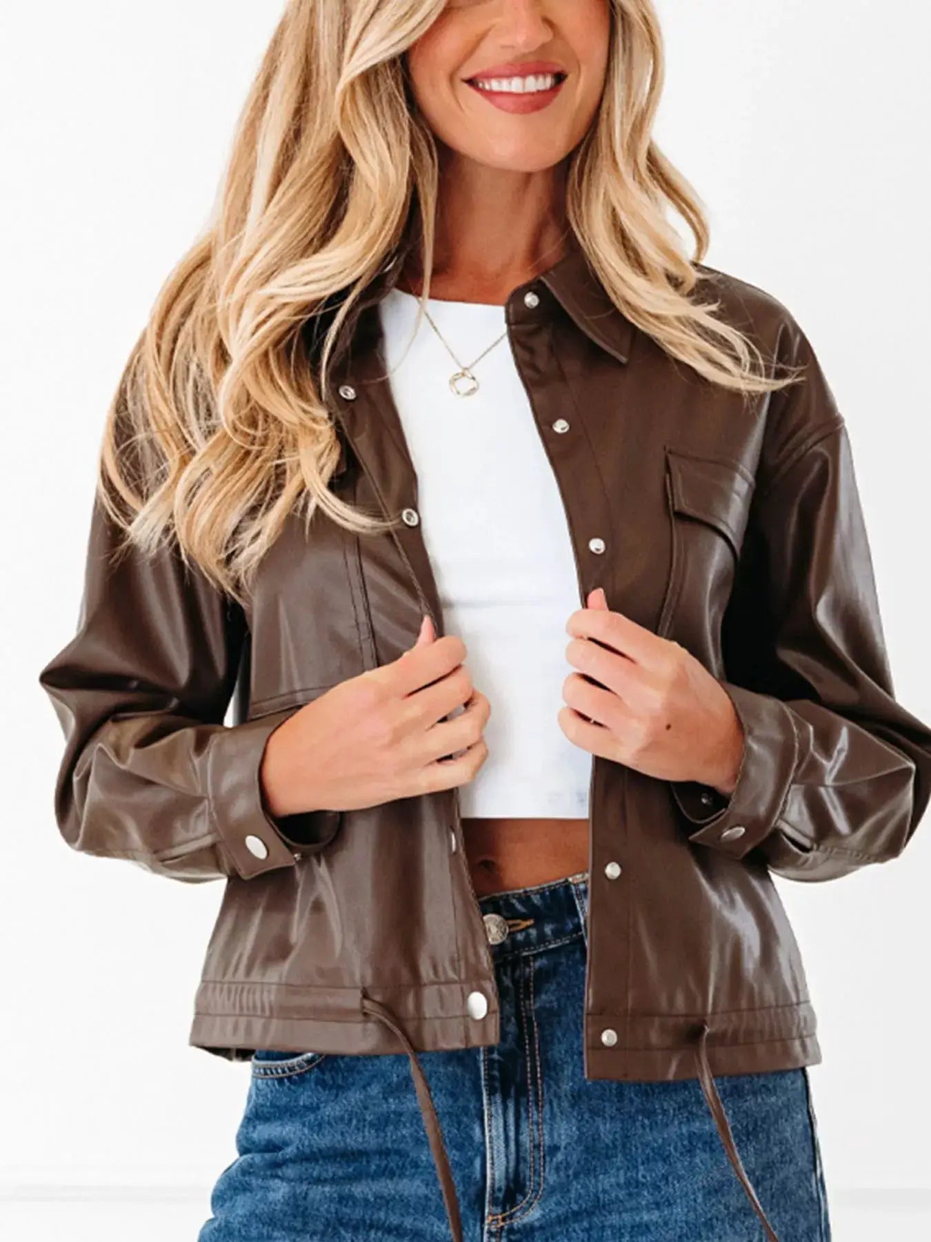 Double Flap Pocket Drawstring Hem Leather Jacket by Trendsi
