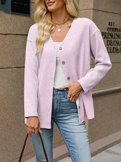 V-Neck Button-Down Cardigan by Trendsi