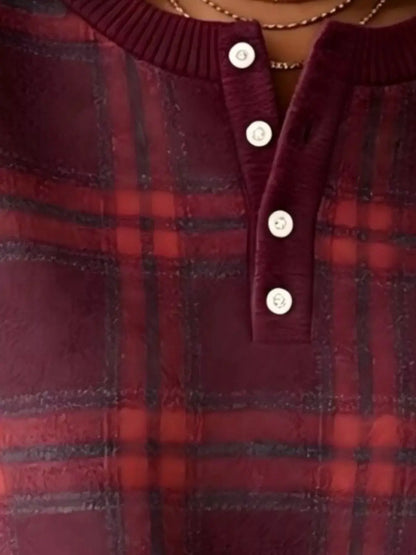 Full Size Plaid Button Detail Long Sleeve Sweatshirt Plus Size by Trendsi