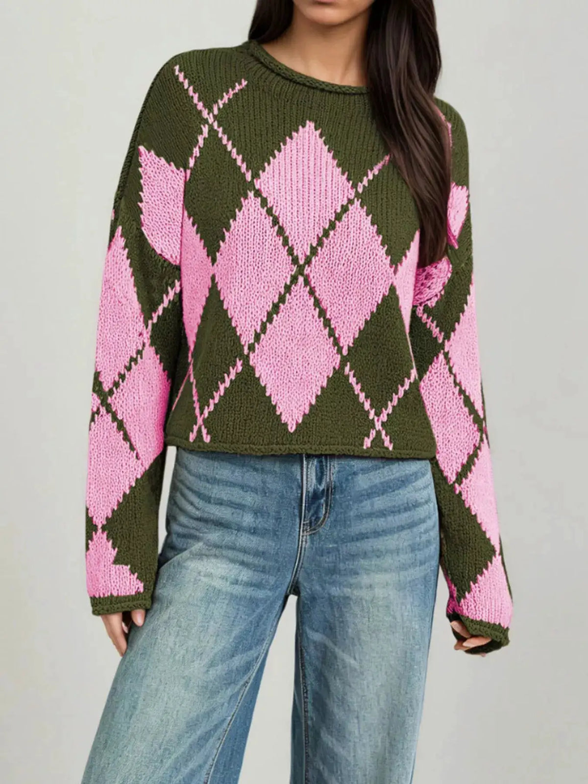 Argyle Pattern Knit Dropped Shoulder Sweater by Trendsi