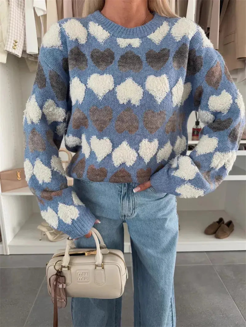 Heart-Patterned Round Neck Sweater by Trendsi