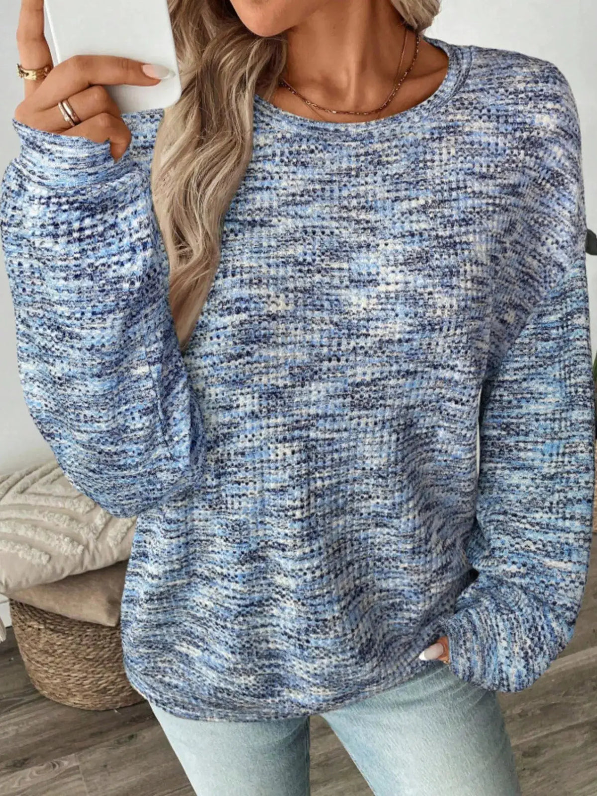 Space-Dyed Long Sleeve Waffle-Knit Top by Trendsi