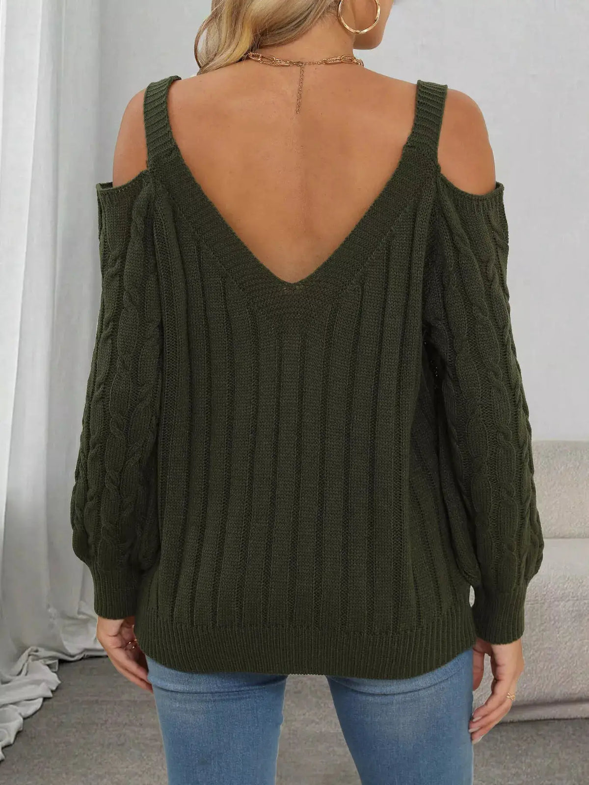 Floral Applique Cold Shoulder Cable Knit Sweater by Trendsi