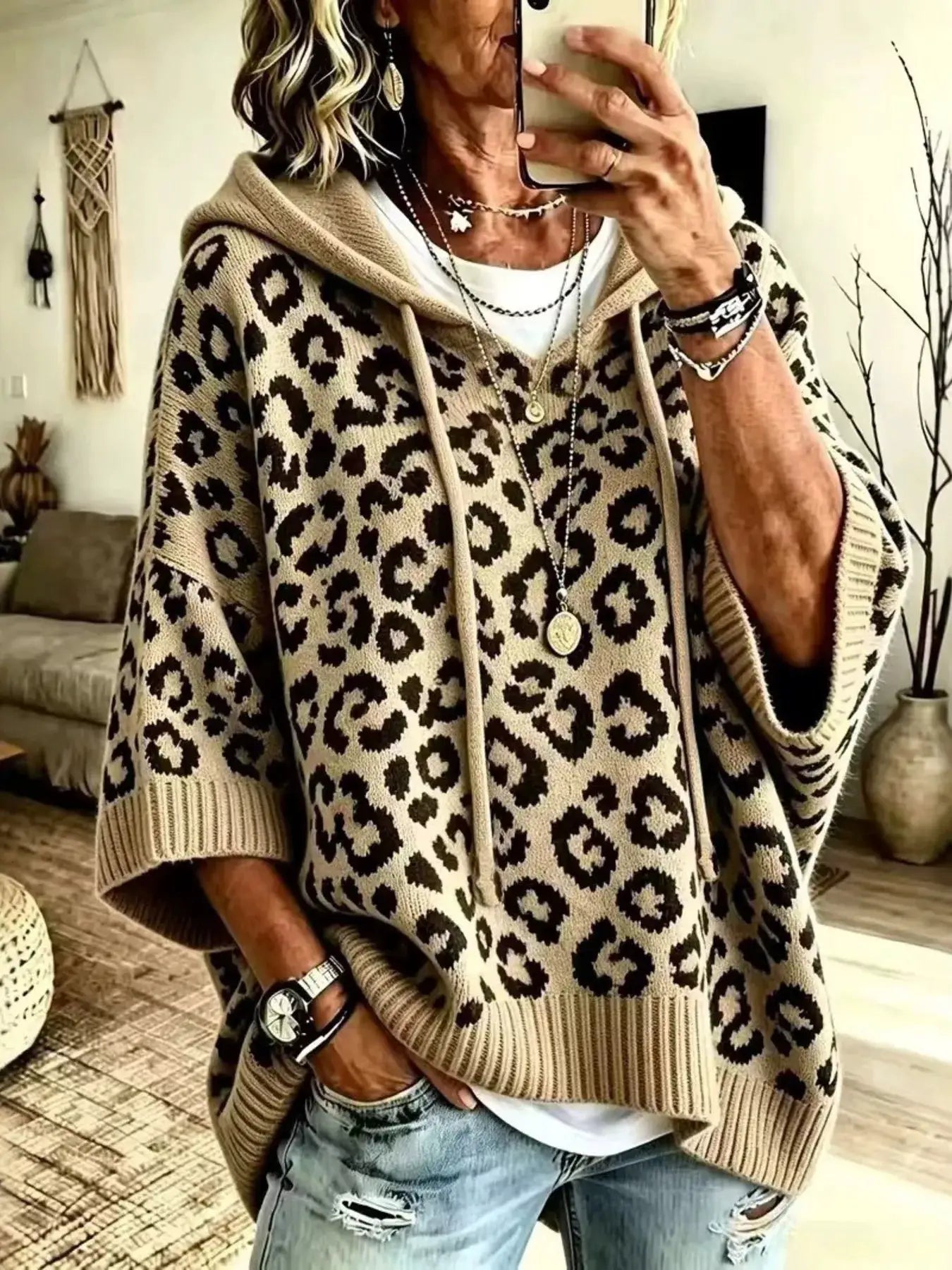 Drawstring Leopard Hooded Sweater by Trendsi