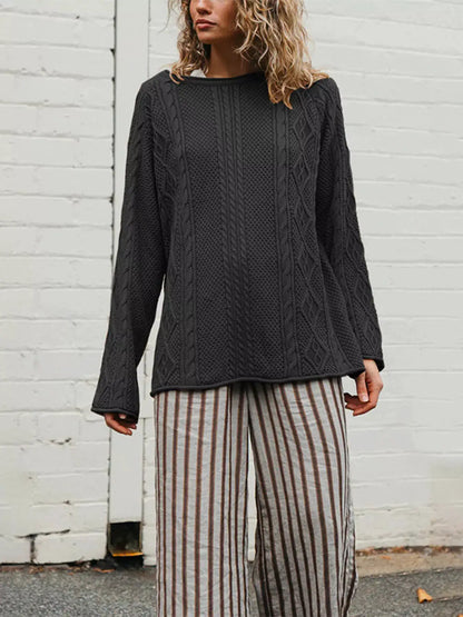 Crew Neck Cable-Knit Sweater by Trendsi