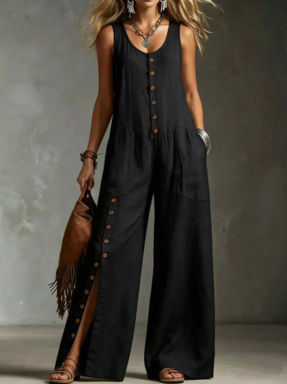Full Size Sleeveless Button-Down Wide-Leg Jumpsuit Plus Size by Trendsi