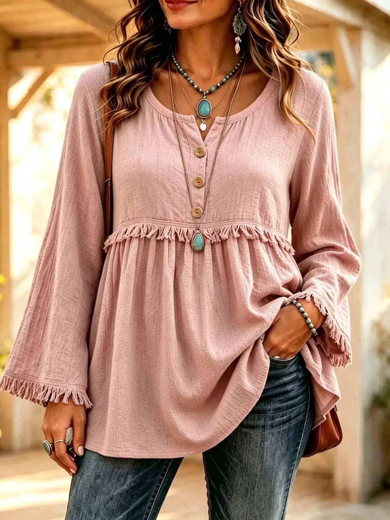 Button-Down Detail Fringed Hem Blouse by Trendsi