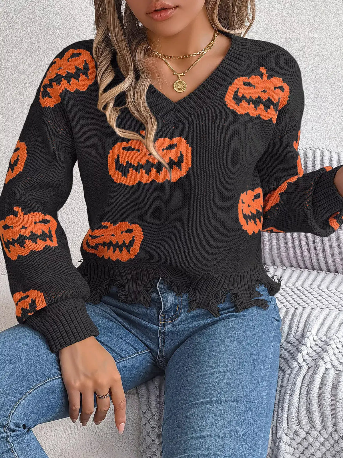Pumpkin Distressed Hem Sweater by Trendsi