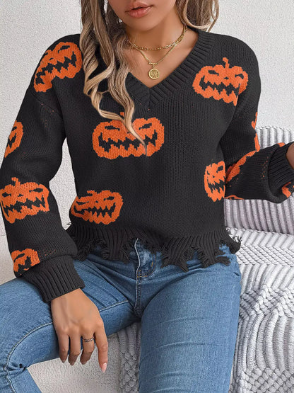 Pumpkin Distressed Hem Sweater by Trendsi