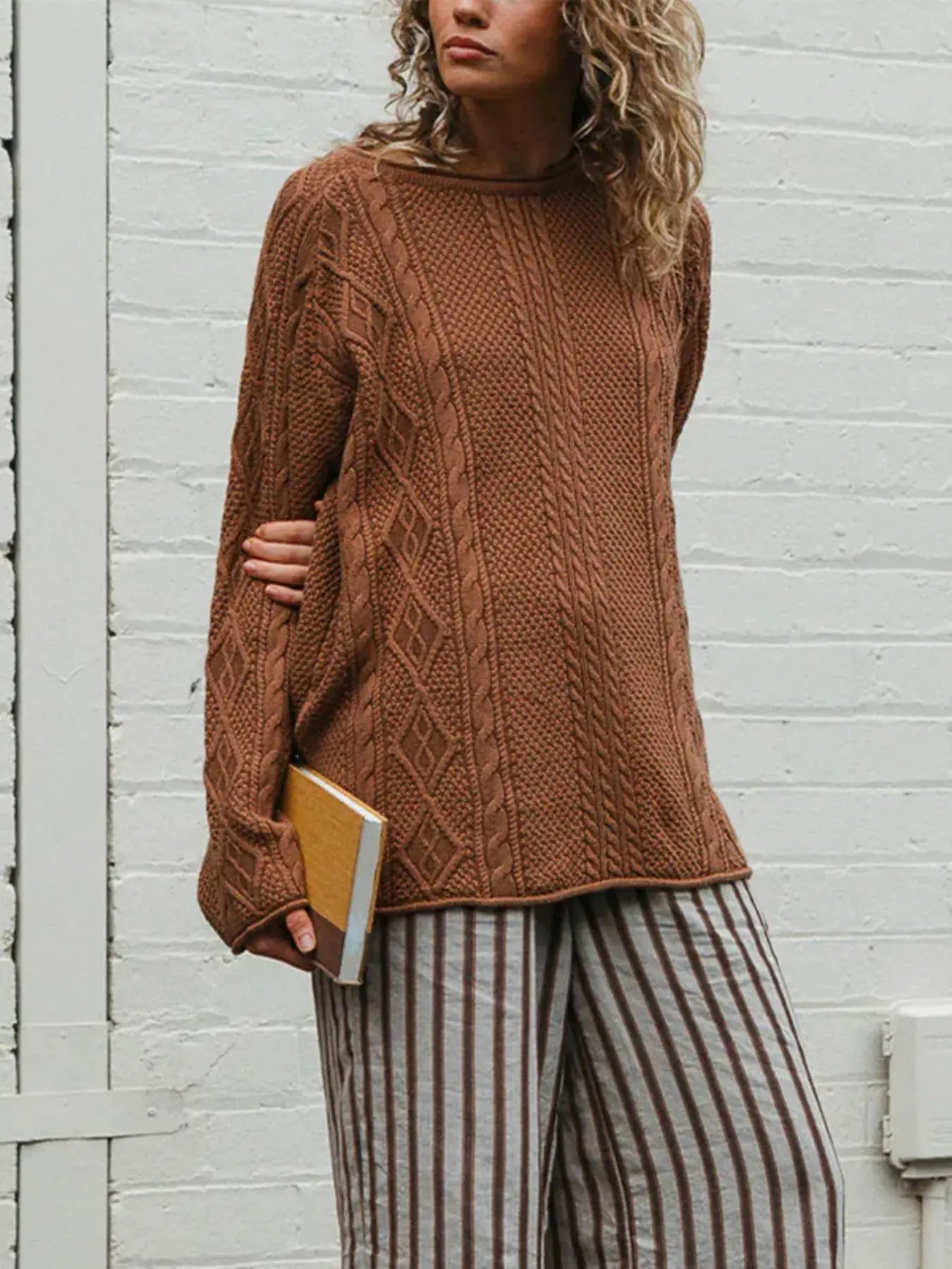 Crew Neck Cable-Knit Sweater by Trendsi