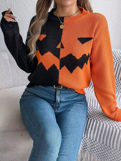 Pumpkin Face Graphic Two Tone Sweater by Trendsi