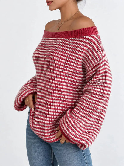 Striped Knit Boat Neck Sweater by Trendsi