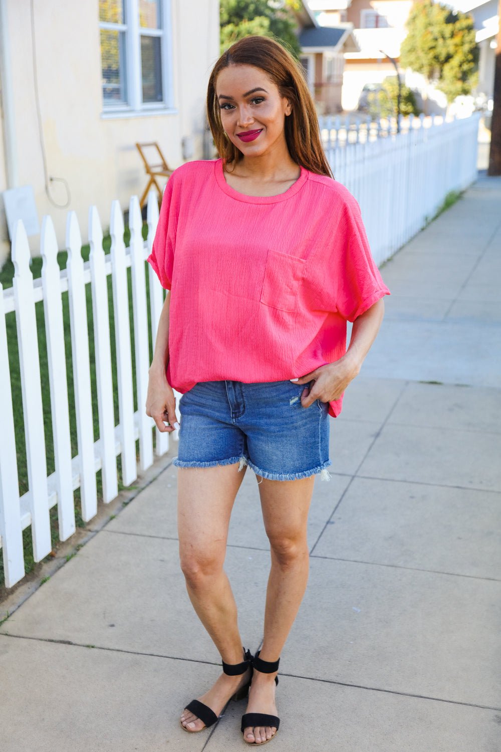 Be Bold Coral Crinkle Texture Pocketed Dolman Top - Bitsy Gypsy Boutique