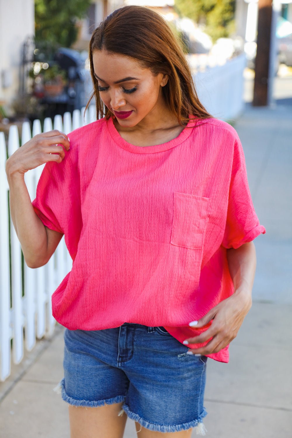 Be Bold Coral Crinkle Texture Pocketed Dolman Top - Bitsy Gypsy Boutique