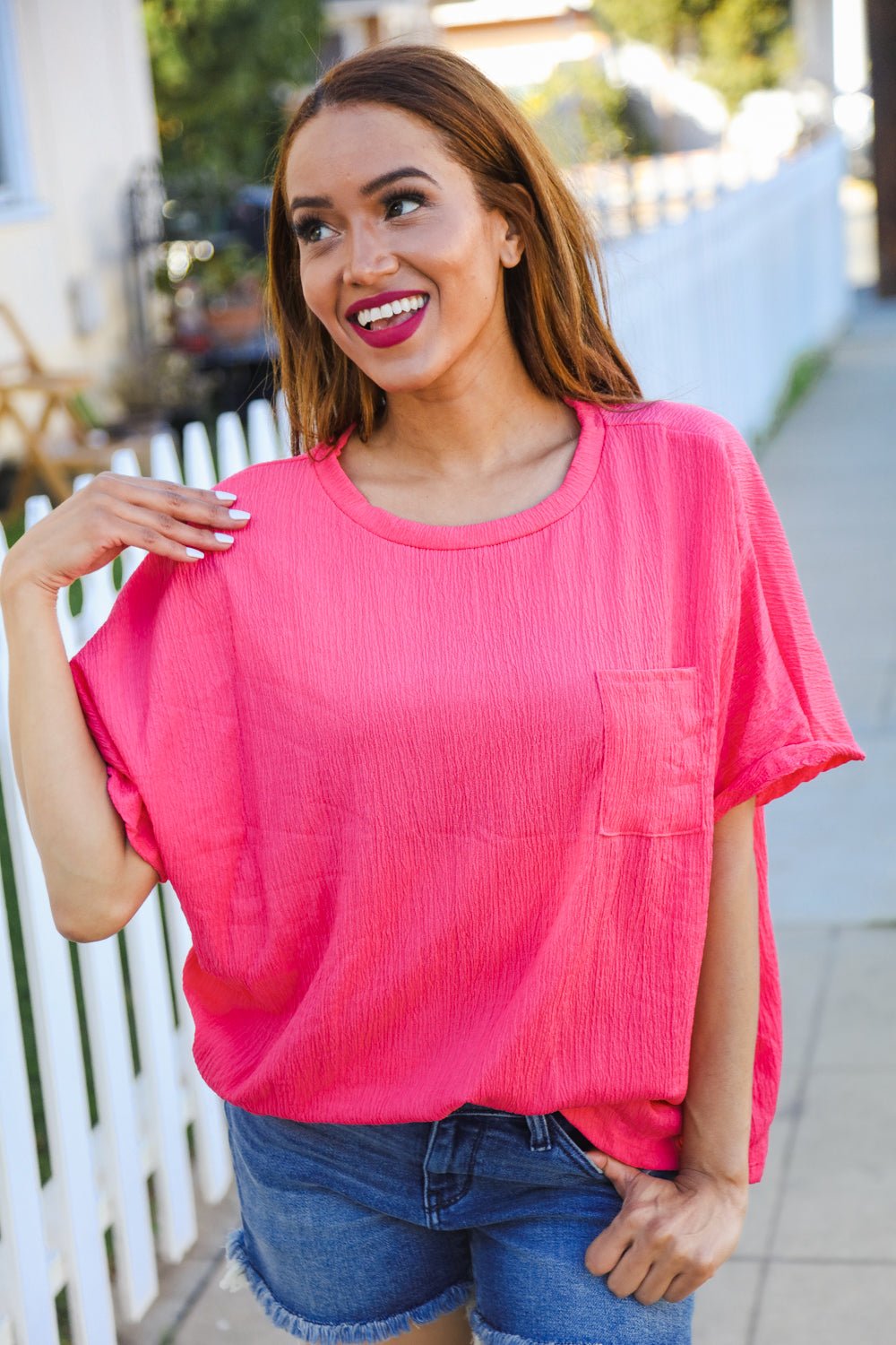 Be Bold Coral Crinkle Texture Pocketed Dolman Top - Bitsy Gypsy Boutique