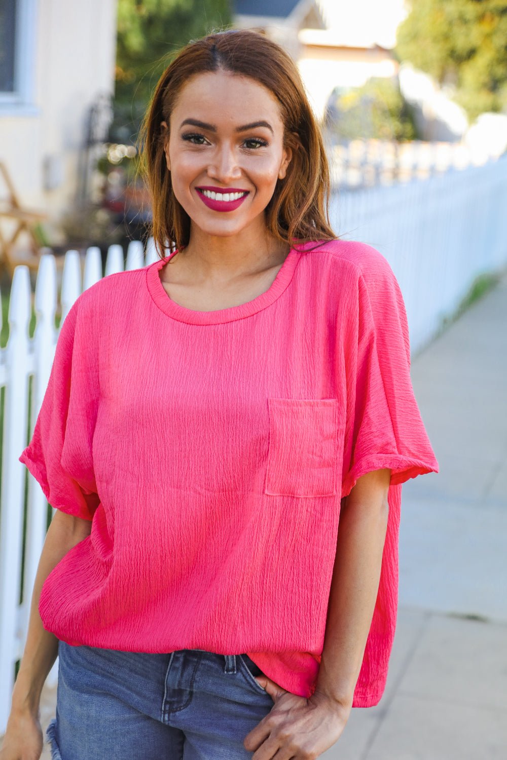 Be Bold Coral Crinkle Texture Pocketed Dolman Top - Bitsy Gypsy Boutique