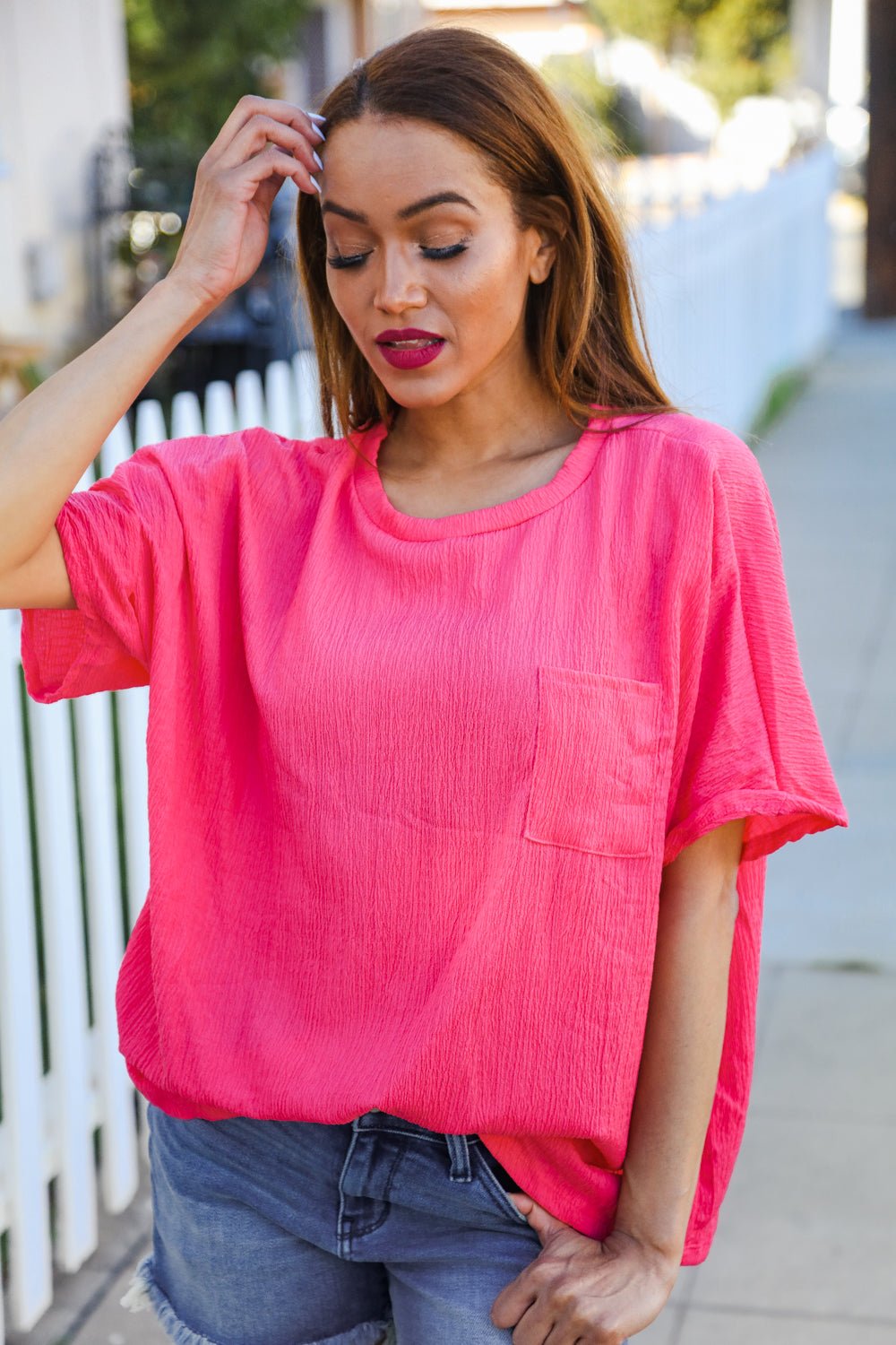 Be Bold Coral Crinkle Texture Pocketed Dolman Top - Bitsy Gypsy Boutique