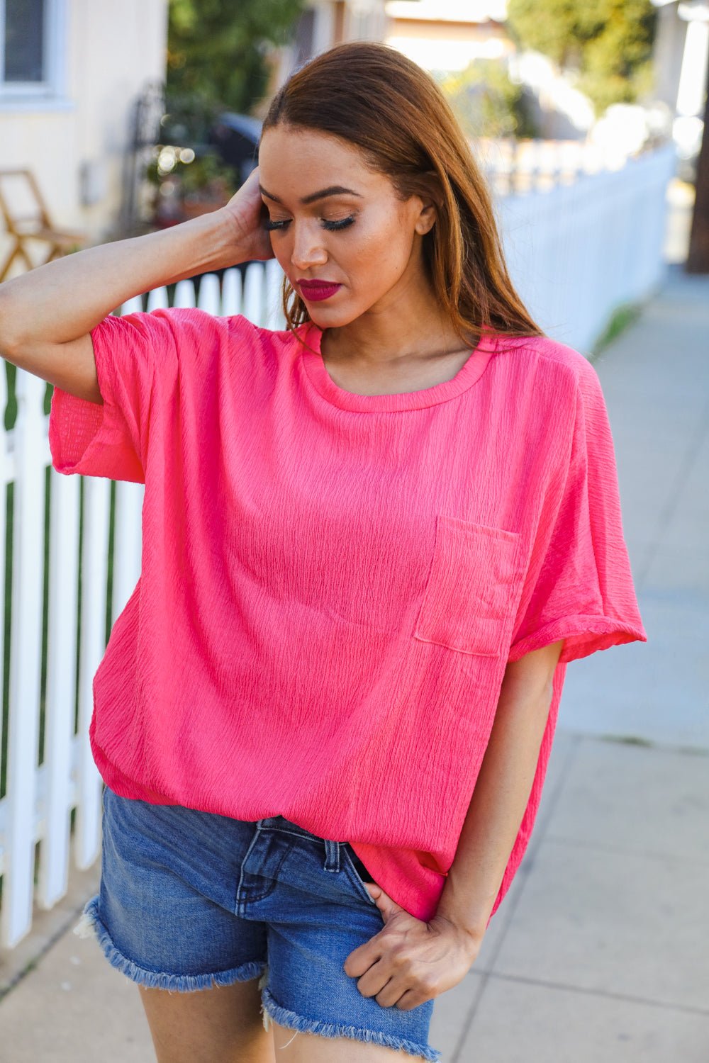 Be Bold Coral Crinkle Texture Pocketed Dolman Top - Bitsy Gypsy Boutique