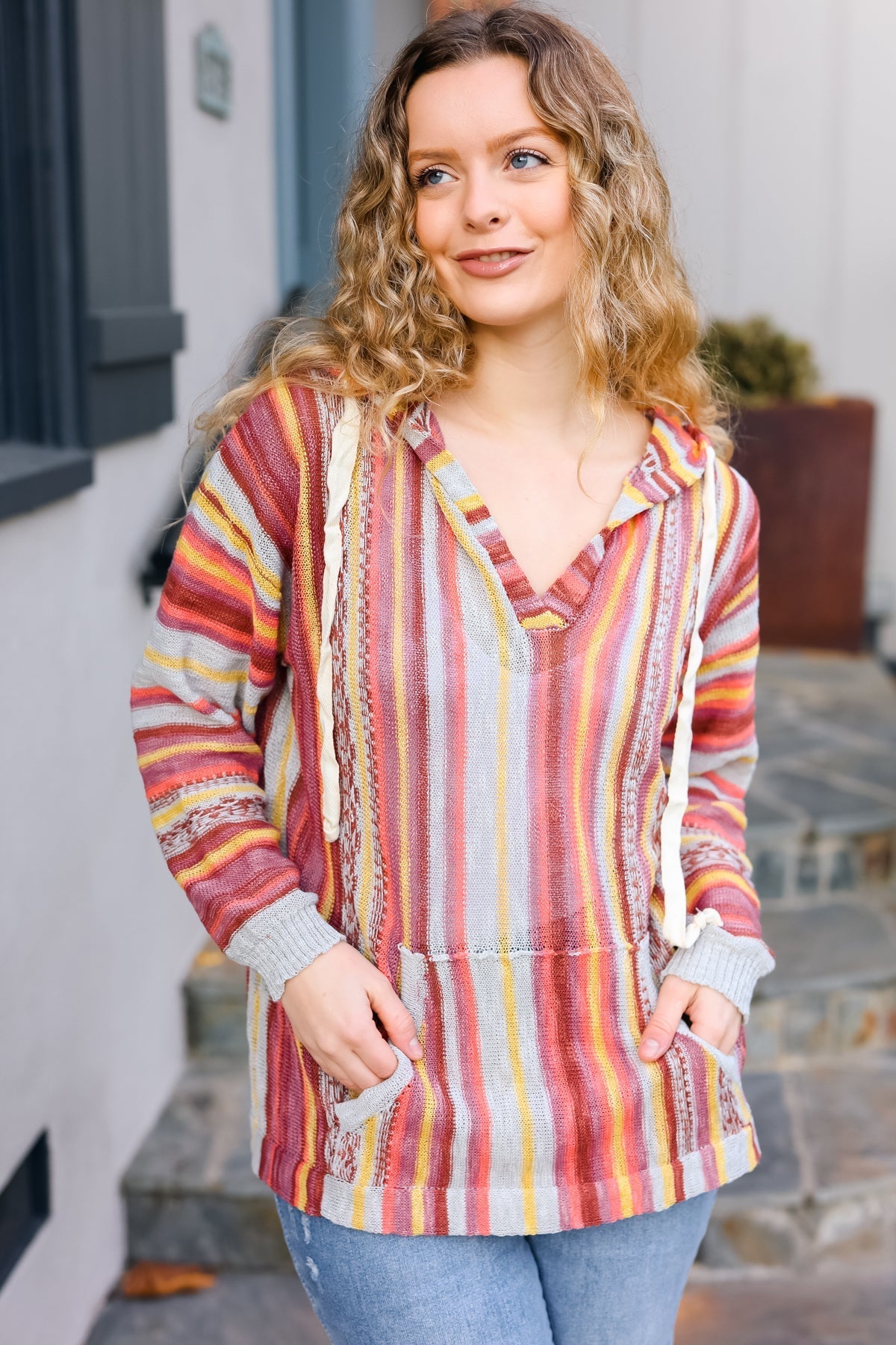 Be Bold Coral & Sienna Stripe Pullover Notched Neck Hoodie - Bitsy Gypsy Boutique