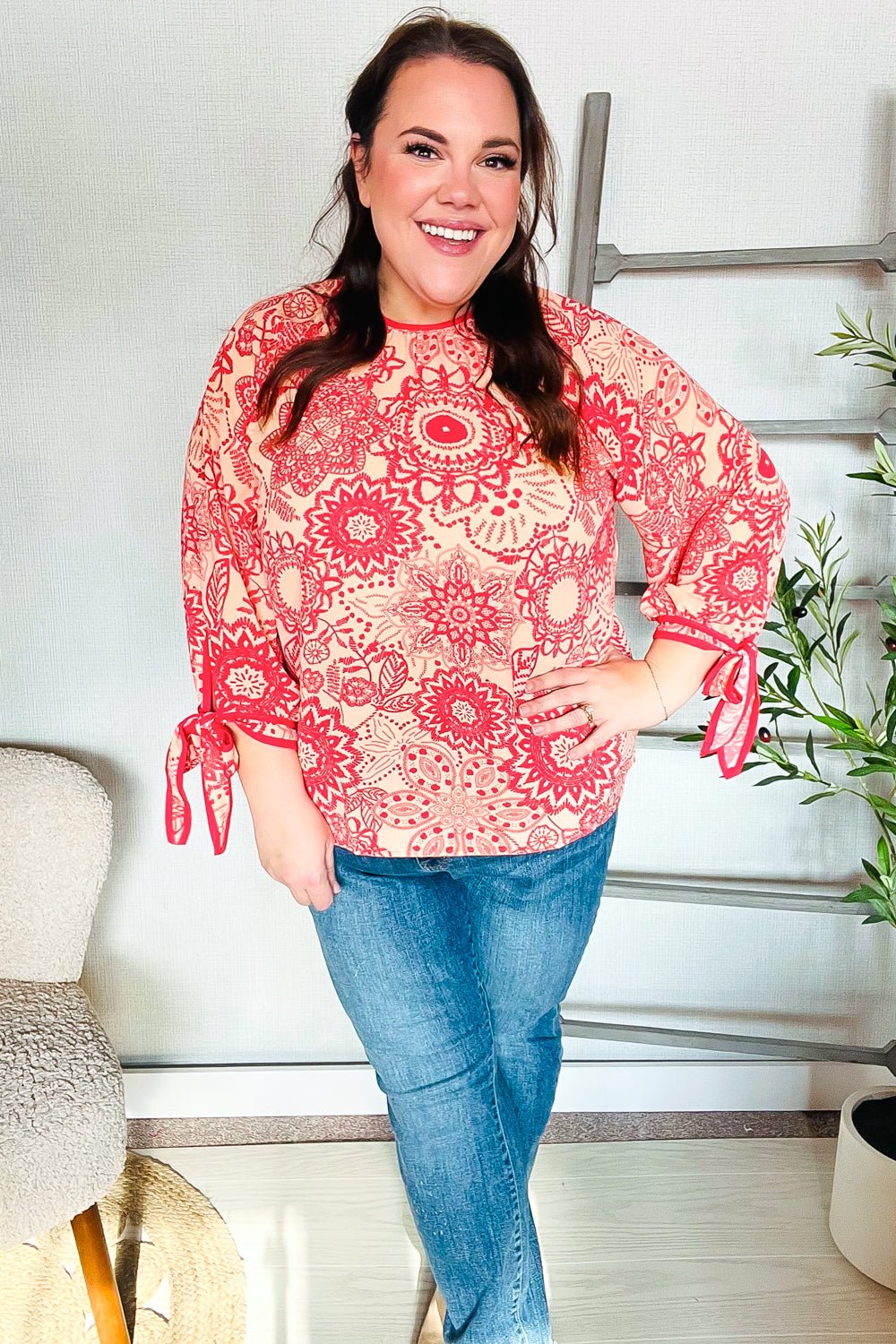 Be Bold Red & Coral Floral Long Sleeve Bow Tie Contrast Binding Top - Bitsy Gypsy Boutique