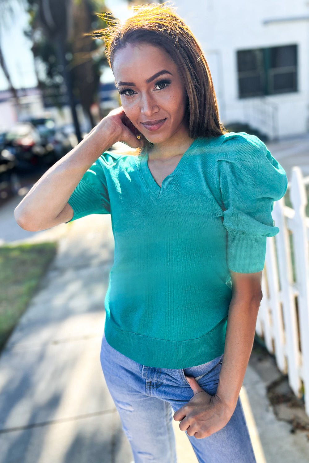 Be Bold Solid Emerald Shirred Puff Sleeve Sweater Top - Bitsy Gypsy Boutique